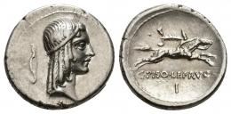 119 - REPÚBLICA ROMANA. CALPURNIA. L. Calpurnius Piso Frugi. Denario. Roma (90-89 a.C.). A/ Cabeza de Apolo a der., detrás arco. R/ Jinete a der., debajo C PISO L F FRVG /I. AR 3,89 g. 18,5 mm. CRAW-340.1. FFC-403. EBC.