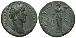 144 - IMPERIO ROMANO. ANTONINO PÍO. Sestercio. Roma (143-144). A/ Cabeza laureada a der.; ANTONINVS AVG PIVS P P TR P COS III. R/ Fides a der. con espigas y cesta de fruta; IMPERATOR II, S-C. AE 24,60 g. 32,5 mm. RIC-716a. Pátina verde. MBC/MBC+.