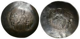 217 - IMPERIO BIZANTINO. MANUEL I. Aspron trachy. Constantinopolis. A/ Virgen entronizada. R/ El emperador de frente; restos de ley. (MA)NUHL-DECP (…). 3,69 g. 28,2 mm. SBB-1964. MBC/BC+.
