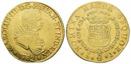371 - CARLOS III. 8 escudos. 1762. Santiago. J. AU 26,97 g. 36,4 mm. VI-1742. Vanos en rev. R.B.O. MBC+/EBC-. Rara.