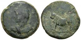3006 - HISPANIA ANTIGUA. BORA. As. A/ Cabeza femenina velada y con cetro a izq. R/ Toro a izq., encima BORA poco visible. AE 32,06 g. 35,4 mm. I-289. ACIP-2309. CC-3624, mismo ejemplar. Pátina verde. BC/BC+. Escasa.
