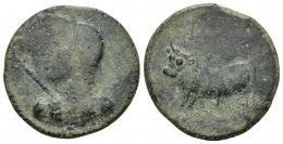 3007 - HISPANIA ANTIGUA. BORA. Semis. A/ Cabeza femenina velada y con cetro a izq. R/ Toro a izq., encima BORA, poco visible. AE 9,40 g. 26,8 mm. I-291. ACIP-2310. CC-3628, mismo ejemplar. Pátina verde oscura. BC+.