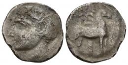 3011 - HISPANIA ANTIGUA. EMISIONES HISPANO-CARTAGINESAS. Shekel. A/ Cabeza masculina a izq. R/ Caballo parado a der. delante de palmera. AR 6,58 g. 22,1 mm. I-547. ACIP-606. CC-244, mismo ejemplar. Erosiones en anv. BC+. Escasa.