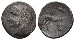 3012 - HISPANIA ANTIGUA. EMISIONES HISPANO-CARTAGINESAS. 1/2 shekel. A/ Cabeza masculina a izq. R/ Caballo parado a der. AR 3,25 g. 17,5 mm. I-550. ACIP-607. CC-249, mismo ejemplar. Superficies erosionadas. BC/BC+. Rara.