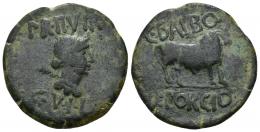 3018 - HISPANIA ANTIGUA. CELSA. As. A/ Busto de Victoria a der., detrás palma; PR II VIR/ C V I L. R/ Toro a der., encima C BALBO/L PORCIO. AE 15,43 g. 31 mm. I-800. APRH-262. ACIP-1493. CC-4564, mismo ejemplar. Pátina verde oscuro. MBC-.