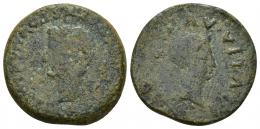 3021 - HISPANIA ANTIGUA. AUGUSTA EMERITA. Tiberio. As. A/ Cabeza laureada a izq.; TI CAESAR AVGVSTVS PON MAX IMP. R/ Cabeza de Livia a der.; C A E IVLIA AVGVSTA. AE 9,40 g. 26 mm. I-1053. APRH-40. ACIP-3406. CC-3942, mismo ejemplar. Pátina verde. RC. Rara.
