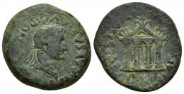 3022 - HISPANIA ANTIGUA. AUGUSTA EMERITA. Tiberio. As. A/ Cabeza laureada a der.; TI CAESAR AVG PON MAX IMP. R/ Templo tetrástilo; AETERNITATI AVGVSTAE C A E. AE 13,74 g. 28 mm. I-1062. APRH-48b. ACIP-3414a. CC-3963, mismo ejemplar. Pátina oscura con erosiones. BC+/MBC-. Muy escasa.