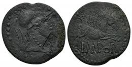 3024 - HISPANIA ANTIGUA. EMPORIAE. As. A/ Cabeza de Minerva a der. R/ Pegaso volando a der., encima corona de puntos, debajo sobre línea EMPOR. AE 11,09 g. 27 mm. I-1248. APRH-257a. ACIP-1100. CC-4547, mismo ejemplar. Pátina negra rugosa. MBC/MBC-.