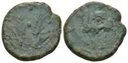 3028 - HISPANIA ANTIGUA. ITUCI. Unidad. A/ Dos espigas, a los lados glóbulos y encima creciente con glóbulo. R/ Jinete con rodela a izq., debajo ley. 'iptgr no visible. AE 12,39 g. 26,6 mm. I-1602. ACIP-841. Pátina verde. BC/RC. Rara. Ex colección Cores.