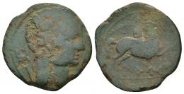 3032 - HISPANIA ANTIGUA. LAURO. Unidad. A/ Cabeza masculina a der., detrás caduceo. R/ Jinete con palma a der., debajo sobre línea ley. ibérica LAURO. AE 6,41 g. 26,5 mm. I-1682. ACIP-1359. CC-1374, mismo ejemplar. Pátina verde con erosiones. BC+. Rara.