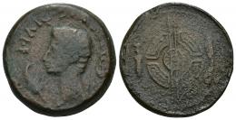 3033 - HISPANIA ANTIGUA. EMISIONES DEL NOROESTE O DE LA CAETRA. Augusto. Dupondio. A/ Cabeza a izq., delante palma, detrás caduceo; IMP AVG DIVI F. R/ Rodela entre falcata y cuchillo. AE 19,89 g. 30 mm. I-1701. APRH-2. ACIP-3300. CC-3832, mismo ejemplar. BC. Rara.