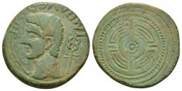 3034 - HISPANIA ANTIGUA. EMISIONES DEL NOROESTE O DE LA CAETRA. Augusto. As. A/ Cabeza a izq., delante palma, detrás caduceo; IMP AVG DIVI F. R/ Rodela rodeada de círculos concéntricos. AE 11,05 g. 27 mm. I-1703. APRH-4. ACIP-3302. CC-3844, mismo ejemplar. Pátina verde claro. MBC-. Escasa.