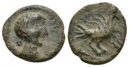 3035 - HISPANIA ANTIGUA. OBULCO. Semis. A/ Cabeza femenina con moño a der., delante OBVLCO. R/ Águila con alas abiertas a der. AE 4,13 g. 19,1 mm. I-1843. ACIP-2247. MBC-. Muy rara. Ex colección Cores.