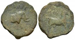 3038 - HISPANIA ANTIGUA. SACILI. Unidad. A/ Elefante a der., encima SACILI. R/ Caballo avanzando a der., encima restos de ley. fenicia. AE 9,47 g. 30,9 mm. I-2018 vte. ACIP-956. CC-784, mismo ejemplar. BC. Muy rara.