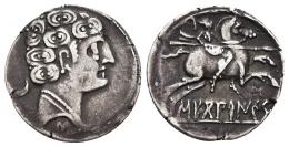 3042 - HISPANIA ANTIGUA. SEKOBIRIKES. Denario. A/ Cabeza masculina con collar a der., detrás creciente, debajo signo ibérico S. R/ Jinete lancero a der. con dos pies visibles, debajo SEKoBiRIKeS. AR 2,77 g. 19,3 mm. I-2172. ACIP-1874. MBC.