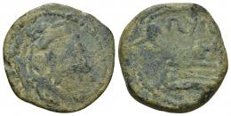3043 - HISPANIA ANTIGUA. SEKS. Unidad. A/ Cabeza de Melkart con leonté y clava a der. R/ Proa a izq., encima ley. sks. AE 8,93 g. 26,4 mm. I-2221. ACIP-832. CC-497, mismo ejemplar. Pátina verde. BC-. Muy rara.