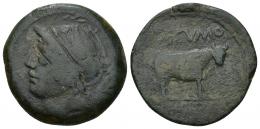 3044 - HISPANIA ANTIGUA. SISIPO. As. A/ Cabeza con casco a izq. R/ Toro a der., encima DETVMO, exergo SISIPO (poco visible). AE 13,97 g. 28,5 mm. I-2255. ACIP-2498. CC-3683, mismo ejemplar. Pátina oscura. BC+. Rara.