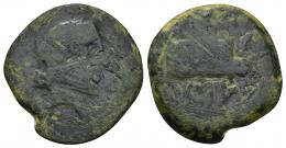 3045 - HISPANIA ANTIGUA. TAGILIT. Unidad. A/ Cabeza femenina a der., delante tglyt. R/ ¿Altar o lingote?, ley. púnica p´lt-´bdrtk. AE 8,17 g. 25,8 mm. I-2259. ACIP-886. CC-532, mismo ejemplar. Rayas. Pátina verde. RC. Rara.
