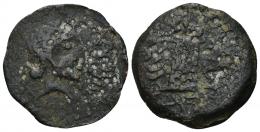 3046 - HISPANIA ANTIGUA. TAGILIT. Unidad. A/ Cabeza femenina a der., delante tglyt. R/ ¿Altar o lingote?, ley. púnica p´lt-´bdrtk. AE 9,72 g. 27,7 mm. I-2259. ACIP-886. CC-535, mismo ejemplar. Fuertes erosiones. BC/RC. Rara.