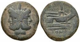 3057 - REPÚBLICA ROMANA. Emisiones anónimas. As. Roma (post. 211 a.C.). A/ Cabeza de Jano. R/ Proa a der., encima valor, debajo ROMA. AE 31,10 g. 35 mm. CRAW-56.2. Pátina verde oscuro. MBC-.