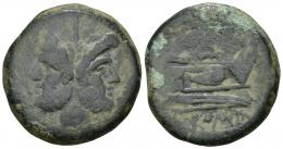 3058 - REPÚBLICA ROMANA. Emisiones anónimas. As. Roma (post. 211 a.C.). A/ Cabeza de Jano. R/ Proa a der., encima valor, debajo ROMA. AE 34,07 g. CRAW-56.2. Pátina verde oscuro. BC+.