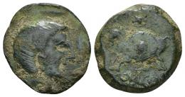 82 - HISPANIA ANTIGUA. OBULCO. Semis. A/ Cabeza masculina a der. R/ Jinete con rodela a izq., en exergo OBVLCO. AE 5,20 g. 20,6 mm. I-no. ACIP-2272. CC-2951, mismo ejemplar. Pátina verde. MBC-/BC+. Rarísima.