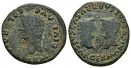 88 - HISPANIA ANTIGUA. COLONIA ROMULA. Tiberio. As. A/ Cabeza radiada a izq.; PERM DIVI AVG COL ROM. R/ Cabezas afrontadas de Germánico y Druso; GERMANICVS CAESAR DRVSVS CAESAR. AE 13,47 g. 30 mm. I-2016. APRH-74. ACIP-3361. CC-4087, mismo ejemplar. Pátina verde. BC+. Muy escasa.