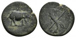 COLECCIÓN CORES. REYES NÚMIDAS Y MAURETANOS. JUBA II. Cuarto. Iol Caesarea (Sin fecha). A/ Elefante a der. R/ Cornucopia con cetro cruzado. AE 2,35 g. 17 mm. Híbrida. CC-5851, mismo ejemplar. BC+.