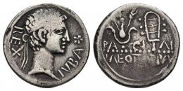 COLECCIÓN CORES. REYES NÚMIDAS Y MAURETANOS. JUBA II CON CLEOPATRA. Denario. A/ Cabeza diademada a der., delante estrella; REX IVBA. R/ Tocado de Isis y sistro; BACILI(CCA)/ (K)LEOPATPA. AR 3,51 g. 19 mm. MAA-101; CC-5854, mismo ejemplar. MBC-/MBC. Rarísima.