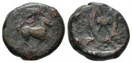 COLECCIÓN CORES. CIRENAICA. Mitad. Cirene (325-313 a.C.). A/ Caballo avanzando a der., encima estrella (no visible). R/ Rueda; (NIKONWS). AE 9,24 g. 19,5 mm. BMCyr-189; CC-5923, mismo ejemplar. Pátina oscura. BC+.