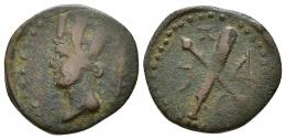 COLECCIÓN CORES. TRIPOLITANA. Mitad. Lepcis Magna. A/ Cabeza de Tyche a der., delante palma. R/ Maza y tirso; lpqy. AE 5 g. 22 mm. COP-7; MAA-7; CC-5927, mismo ejemplar. BC+.