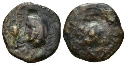 COLECCIÓN CORES. MAURETANIA ORIENTAL. Gunugu. A/ Cabeza de Baco a izq., delante racimo y s. R/ Caballo galpando a izq. AE 2,38 g. 18 mm. MAA-151; CC-5993, mismo ejemplar. Contramarca. BC/RC. Rara.