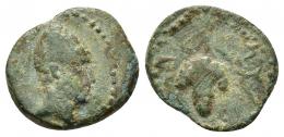 COLECCIÓN CORES. MAURETANIA OCCIDENTAL. Sexto. Lixus. A/ Cabeza masculina a der. con bonete cónico con colgante detrás. R/ Racimo; lks. AE 2,37 g. 15,5 mm. Call.&Rip.-I.5A.5, mismo ejemplar; CC-6161, mismo ejemplar. Pátina verde. BC+.
