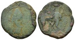 COLECCIÓN CORES. MAURETANIA OCCIDENTAL. Unidad. Lixus. A/ Cabeza masculina a der. con bonete cónico con colgante detrás; delante LIXS (poco visible). R/ Dos racimos; encima lks debajo mp´l . AE 7,02 g. 28 mm. Call.&Rip.-II.10.3, mismo ejemplar ilustrado; CC-6291, mismo ejemplar. Concreciones. Pátina verde. BC-/BC.