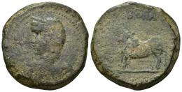 HISPANIA ANTIGUA. BORA. As. A/ Cabeza femenina velada y diademada a izq., por detrás cetro. R/ Toro parado sobre línea a izq.; encima BORA. AE 32,37 g. CNH-1. ACIP-2309. CC-3622, mismo ejemplar. Ley. completa. BC. Escasa. Ex colección Cores.