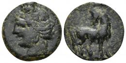 COLECCIÓN CORES. CARTAGO (221-210 a.C.). A/ Cabeza de Tanit a izq. R/ Caballo parado a der. con cabeza vuelta, delante letra. AE 5,94 g. 22 mm. COP-308 ss.; CC-5420, mismo ejemplar (corr.). Pátina oscura. MBC-.