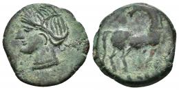 COLECCIÓN CORES. CARTAGO (221-210 a.C.). A/ Cabeza de Tanit a izq. R/ Caballo parado a der. con cabeza vuelta. AE 5,1 g. 22 mm. COP-307; CC-5427, mismo ejemplar. Pátina verde. MBC/MBC-.