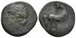 COLECCIÓN CORES. CARTAGO (Fin. s. III-principios s. II a.C.). A/ Cabeza de Tanit a izq. R/ Caballo parado a der. con cabeza vuelta, glóbulo entre las patas traseras. AE 5,89 g. 25 mm. COP-396; CC-5457, mismo ejemplar. Pátina oscura. BC-/MBC.