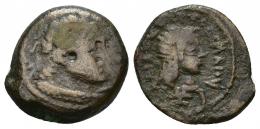 COLECCIÓN CORES. ACUÑACIONES AFRICANAS REALES. LÁGIDAS. PTOLOMEO III EVERGETES. Cirene (C. 246-222 a.C.). A/ Cabeza de Ptolomeo I a der., diademada y con égida. R/ Cabeza de Libia a der., delante cornucopia. Ley. poco visible. AE 2,89 g. 17 mm. BMCCyr-42; CC-5666, mismo ejemplar. Punzón en rev. BC+/MBC-.