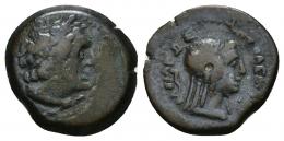COLECCIÓN CORES. ACUÑACIONES AFRICANAS REALES. LÁGIDAS. PTOLOMEO IX SOTER. Cirene (115-104/101 a.C.). A/ Cabeza de Ptolomeo I a der., diademada y con égida. R/ Cabeza de Libia a der., delante y detrás símbolos. Ley. poco visible. AE 3,61 g. 17 mm. BMCCyr-78-79; CC-5669, mismo ejemplar. Punzón en rev. BC+/MBC-.