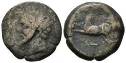 COLECCIÓN CORES. REYES NÚMIDAS Y MAURETANOS. MASINISSA O MICIPSA. Unidad. Cirta (238-148 o 148-118 a.C.). A/ . R/ Caballo galopando a izq., debajo letras púnicas mn. AE 9,56 g. 26,5 mm. COP-510; MAA-12; CC-5680, mismo ejemplar. BC. Muy escasa.
