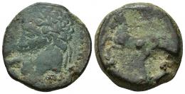 COLECCIÓN CORES. REYES NÚMIDAS Y MAURETANOS. MASINISSA O MICIPSA. Unidad. Cirta (238-148 o 148-118 a.C.). A/ Cabeza del rey laureada a izq. R/ Caballo galopando a izq., debajo letras púnicas mn. AE 17,35 g. 27 mm. COP-516; MAA-12; CC-5706, mismo ejemplar. Contramarca glóbulo en el flanco del caballo. Defecto de cospel. Pátina verde. BC+/BC-. Escasa.