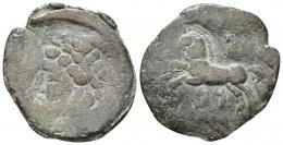 COLECCIÓN CORES. REYES NÚMIDAS Y MAURETANOS. MASINISSA O MICIPSA. Unidad. Ceca indeterminada de Masilia (238-148 o 148-118 a.C.). A/ Cabeza del rey laureada a izq. R/ Caballo galopando a izq., por detrás palma, debajo letras púnicas mn. PB 13,42 g. 33 mm. COP-518; MAA-26; CC-5721, mismo ejemplar. Cospel irregular. MBC-. Rara.