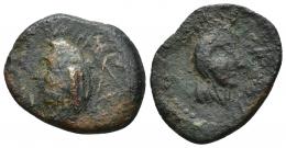 COLECCIÓN CORES. REYES NÚMIDAS Y MAURETANOS. ¿MASTANESOSUS? ¿Tabraca? A/ Cabeza a izq., detrás ley. poco legible. R/ Cabeza femenina velada y diademada a der.; ley. tb(…) poco legible. AE 5,79 g. 24,5 mm. MAA-40; CC-5800, mismo ejemplar. Pátina oscura. BC+/BC. Muy rara