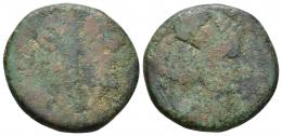 COLECCIÓN CORES. REYES NÚMIDAS Y MAURETANOS. BOCCO II. Unidad. Iol (49-33 a.C.). A/ Cabeza janiforme; REX BOCCVS SOSI F. R/ Cabeza de África; ley. bqs hmmkt. AE 17,38 g. 28 mm. RPC-873; MAA-63; CC-5804, mismo ejemplar. RC/MC. Muy escasa.