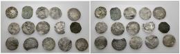 CALIFATO. ABD AL-RAHMAN III (912-961). Lote de 15 monedas: 2 feluses -303 H y sin fecha- y 13 dírhams -322, 332 (2), 335 (2), 336, 339, 340, 341 (3), 343 y 347 H. Dos son medias monedas y 2 tienen perforaciones. De BC+ a MBC+.