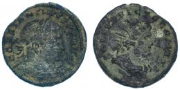 CONSTANTINO I. Follis. Treveris (307-310). R/ Busto del sol radiado y drapeado a der.; SOLI INVICTO COMITI. RIC-890. Pátina oscura. BC/BC+.