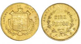451  -  COSTA RICA. 10 pesos. 1870. KM-115. Raya en rev. MBC-.