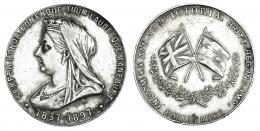 466  -  GRAN BRETAÑA. Medalla. IN COM. LX ANN ACC VICTORIAE BRIT. REG.  IND. IMP. 1837-1897.  Buenos Aires. AR 33 mm. Rayitas. MBC.