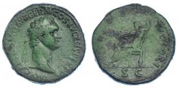 DOMICIANO. Sestercio. Roma (90-91). R/ Júpiter sentado a izq. con Victoria y cetro; (IOVI) VICTORI, SC. RIC-388. Pátina verde con erosiones en rev. BC+/BC.